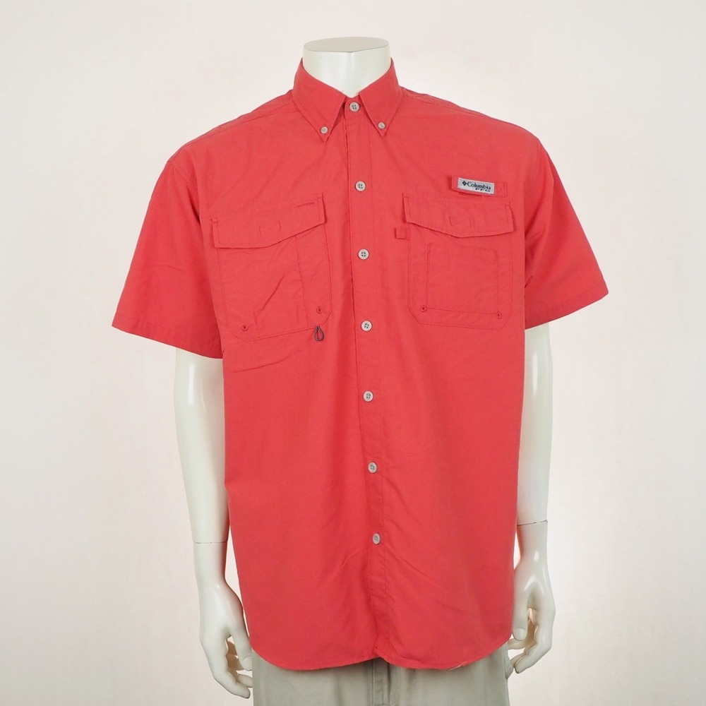 Columbia PFG Bahama II Fishing Gear Button Shirt Mens Medium Red Tactel Nylon